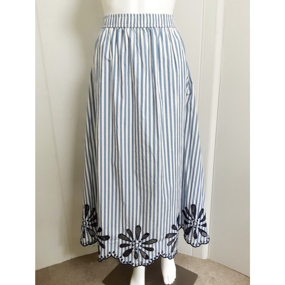 LOFT 100% Cotton Blue White Stripe Embroidered Floral Hem Coastal Skirt Sz L NWT